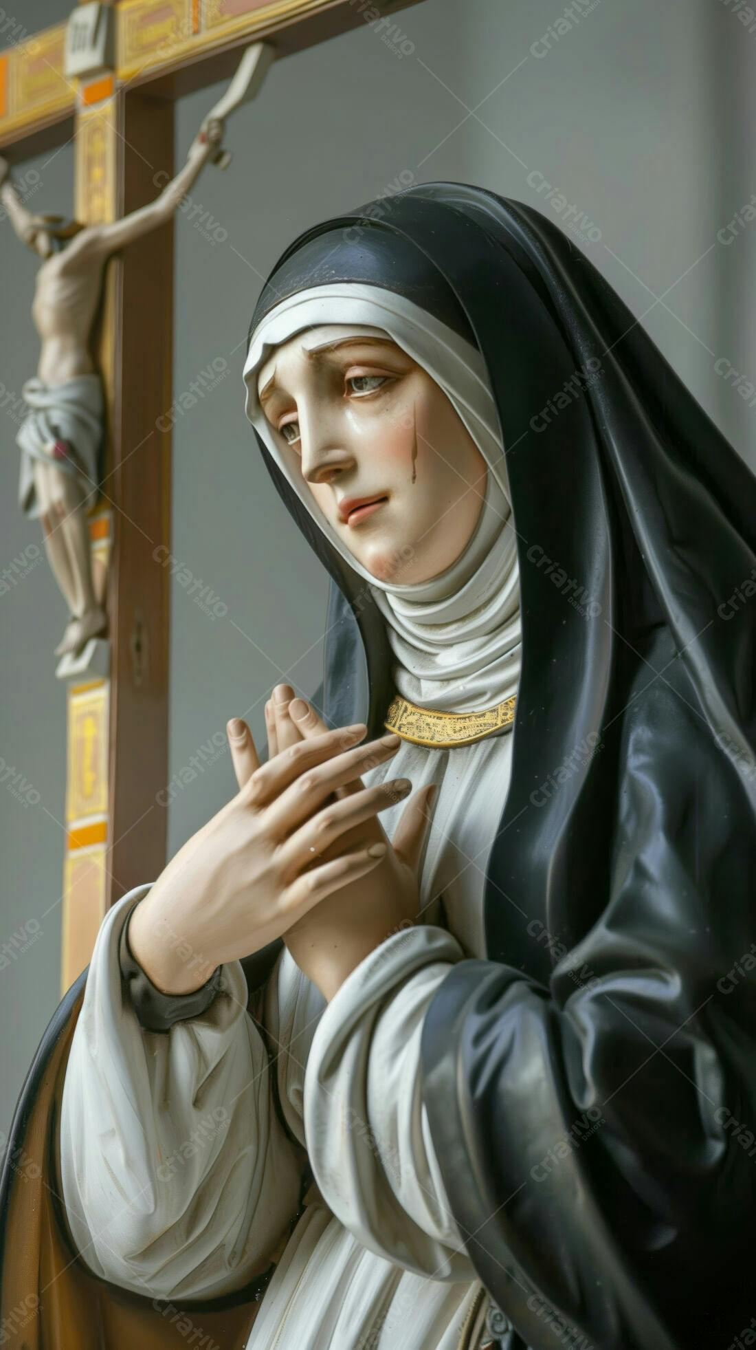 Estátua de freira orante com Cristo crucificado