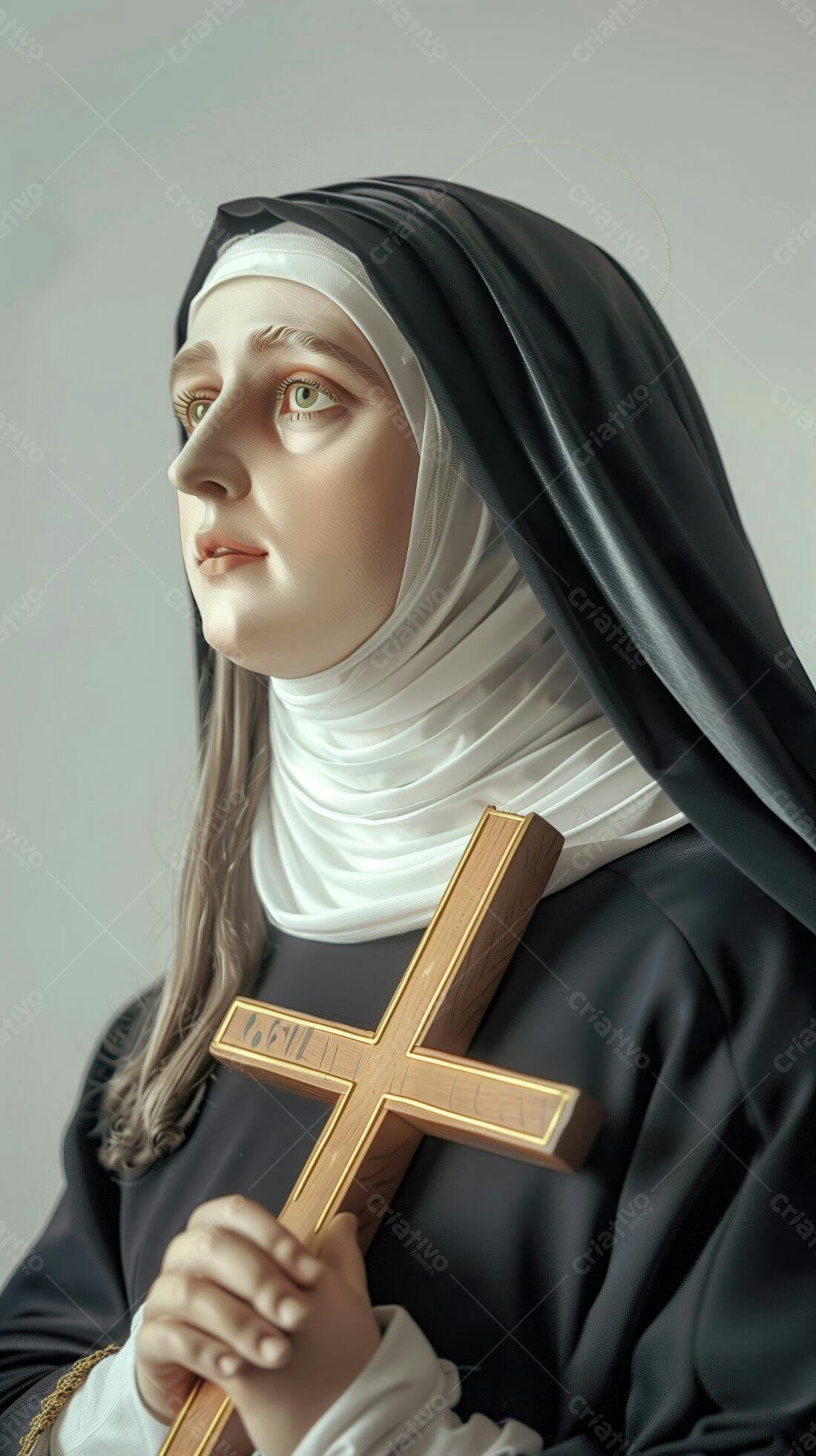 Estátua de freira com cruz marrom
