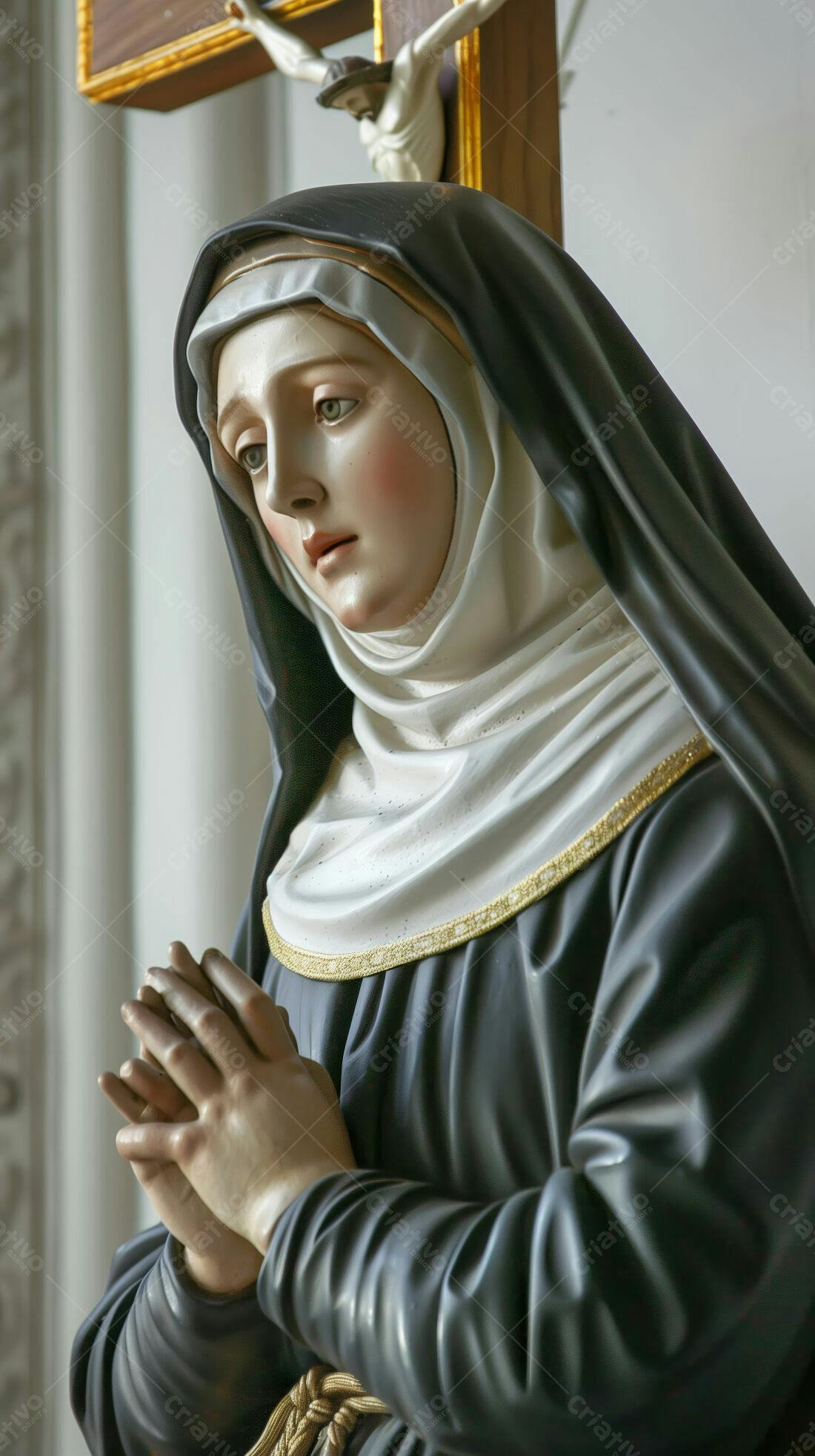 Estátua de freira rezando com crucifixos