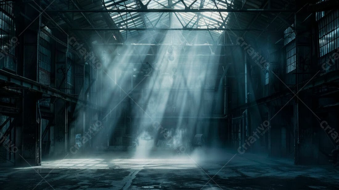 Galpão industrial antigo com raios de luz