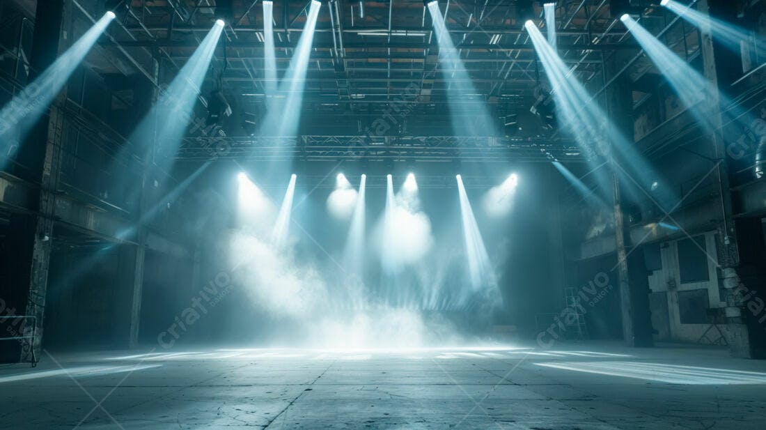Palco iluminado em galpão industrial