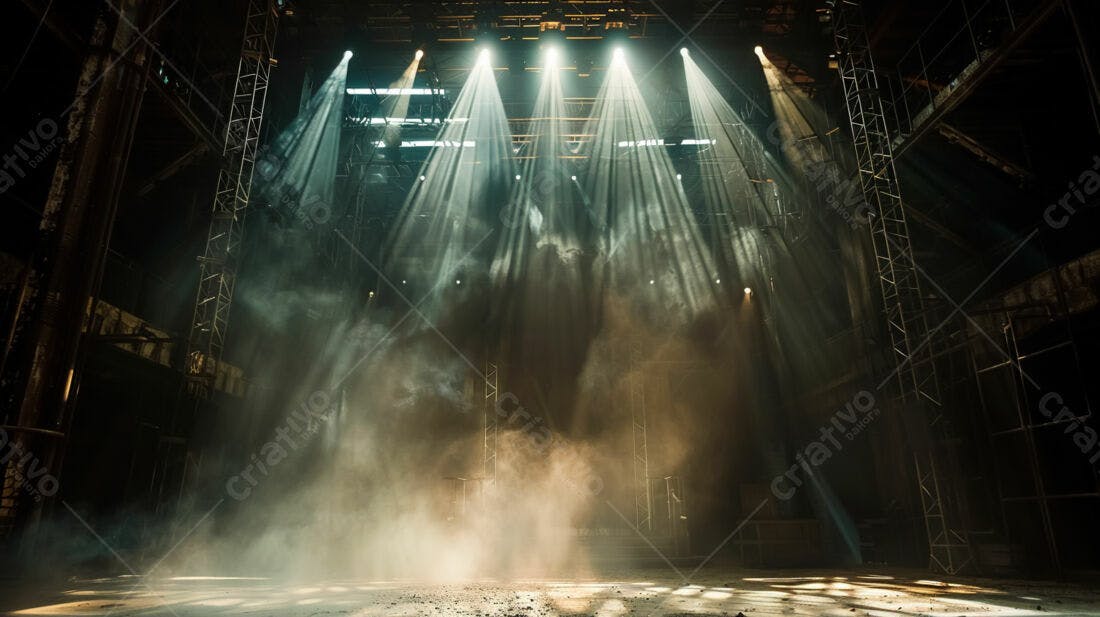 Palco iluminado em galpão industrial