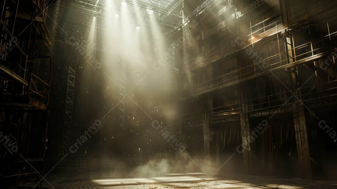 Interior industrial antigo com poeira e luz