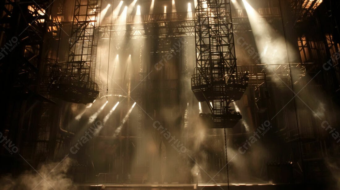 Palco industrial com iluminação dramática