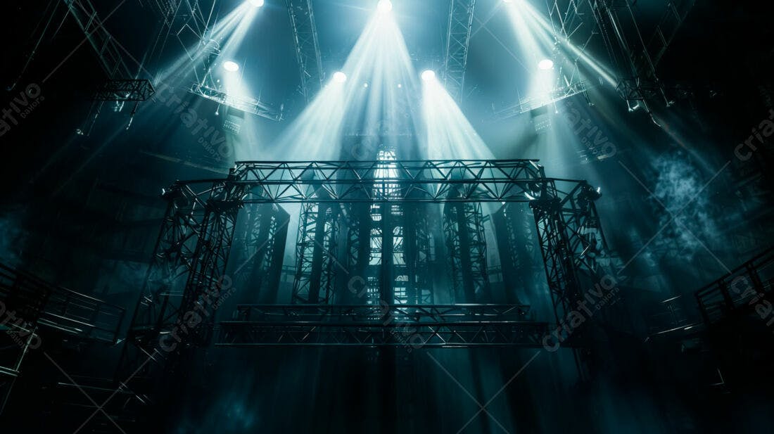 Palco iluminado com estrutura metálica