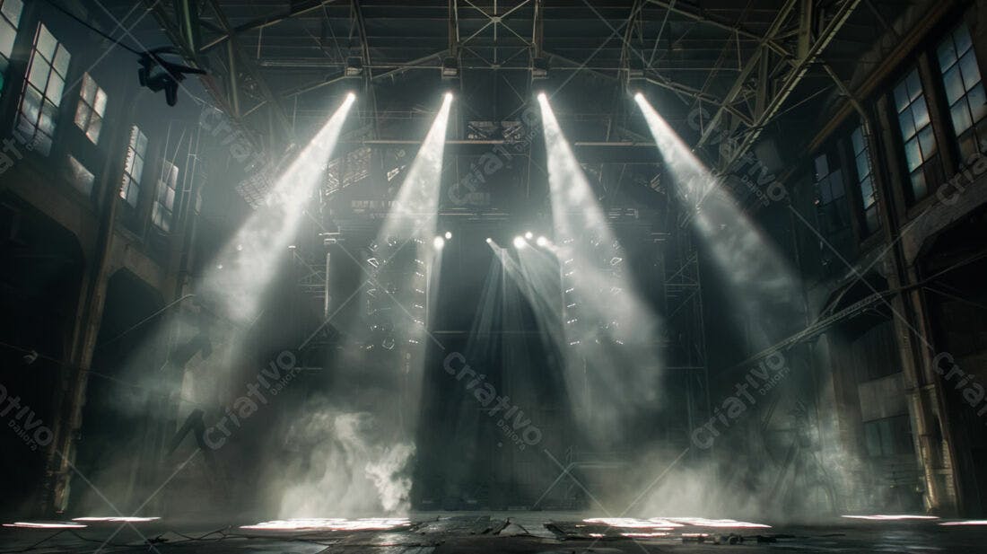 Palco iluminado em galpão industrial
