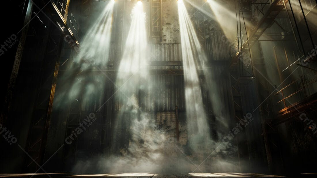 Raios de luz em galpão industrial antigo