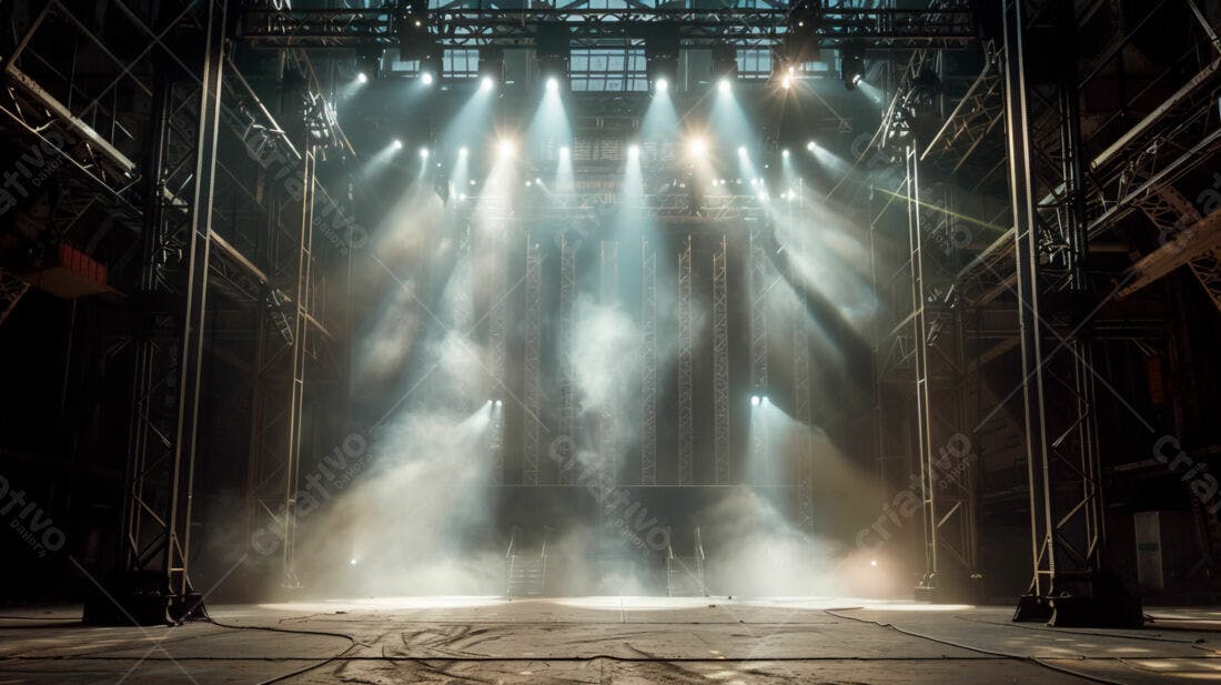 Palco iluminado com névoa em galpão industrial