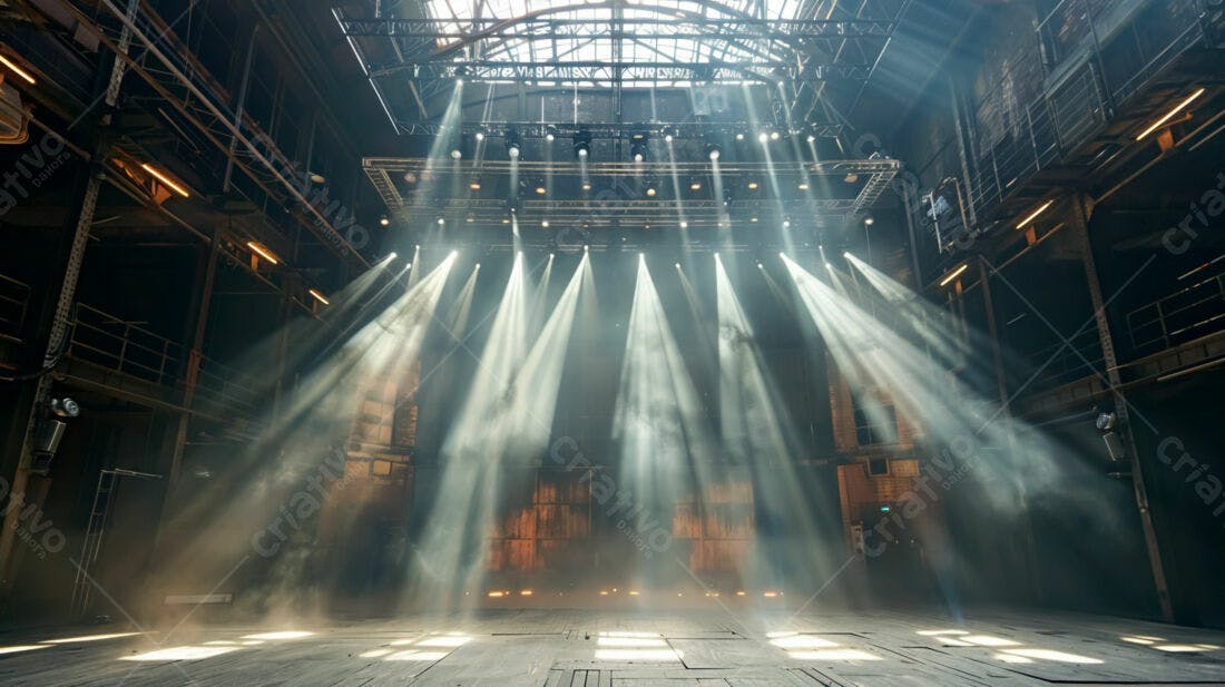 Palco iluminado em galpão industrial
