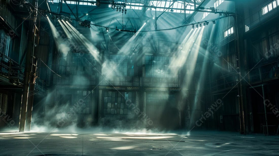 Galpão industrial com raios de luz