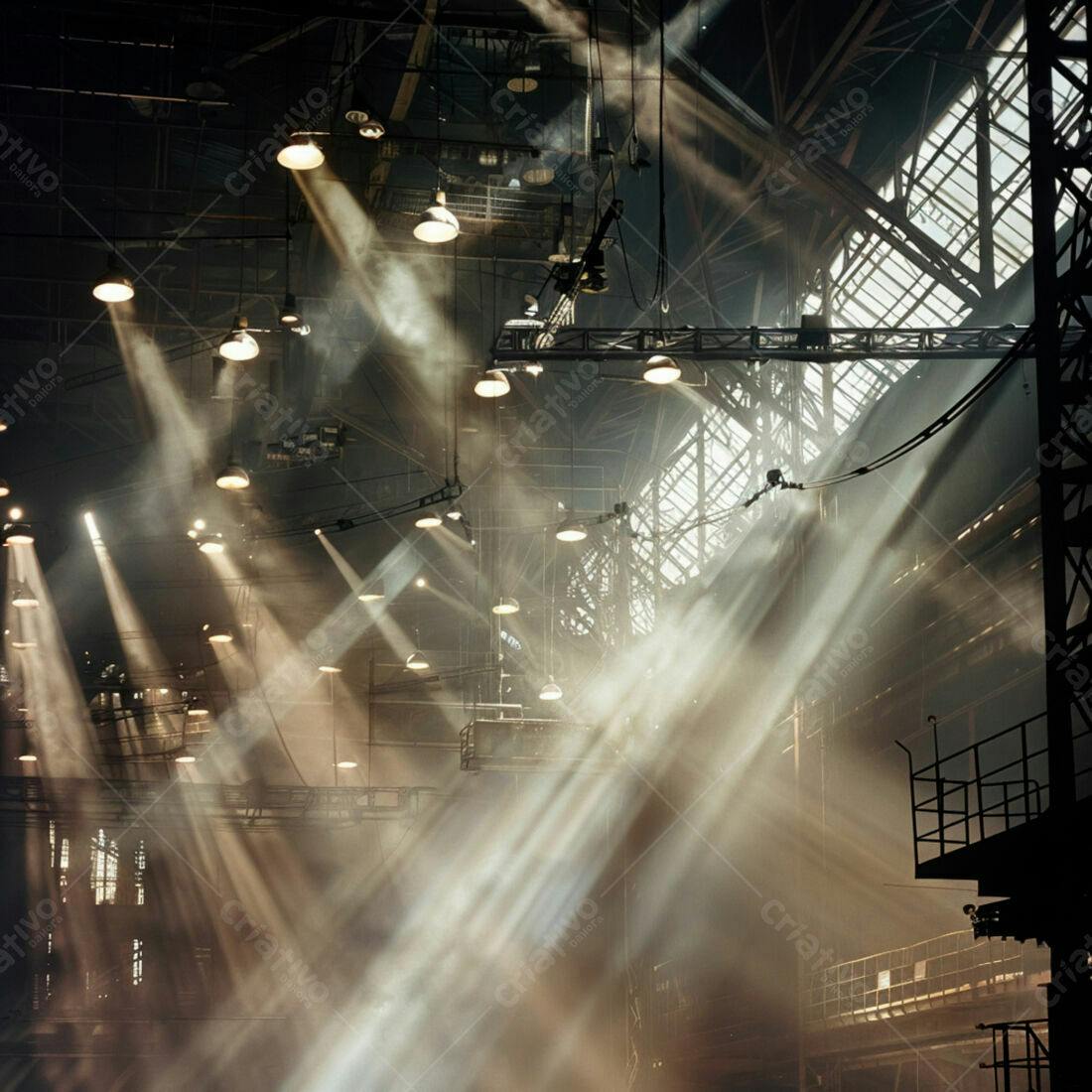 Raios de luz em galpão industrial
