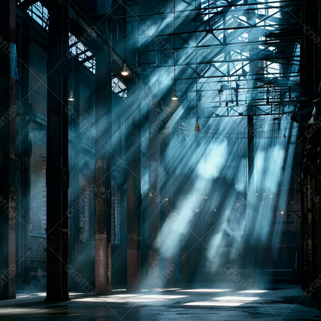 Raios de luz em galpão industrial antigo