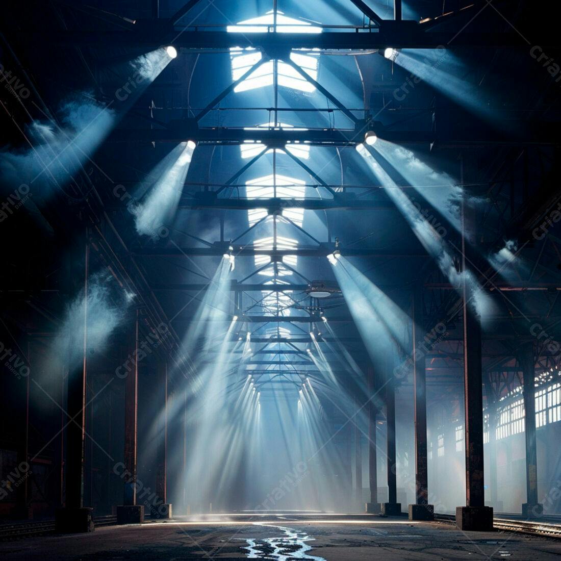 Raios de luz em galpão industrial antigo