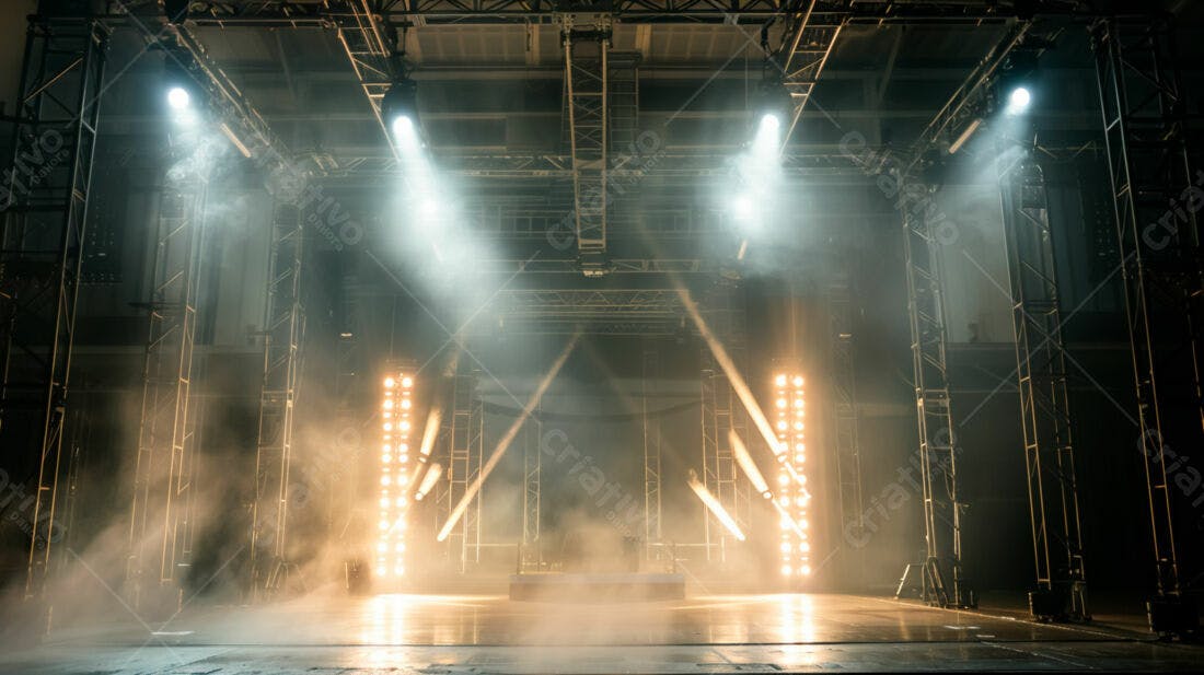 Palco iluminado com névoa e holofotes