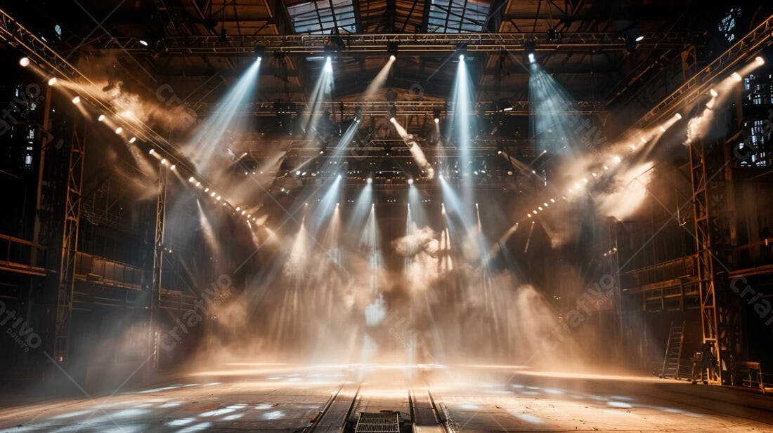 Palco iluminado em galpão industrial
