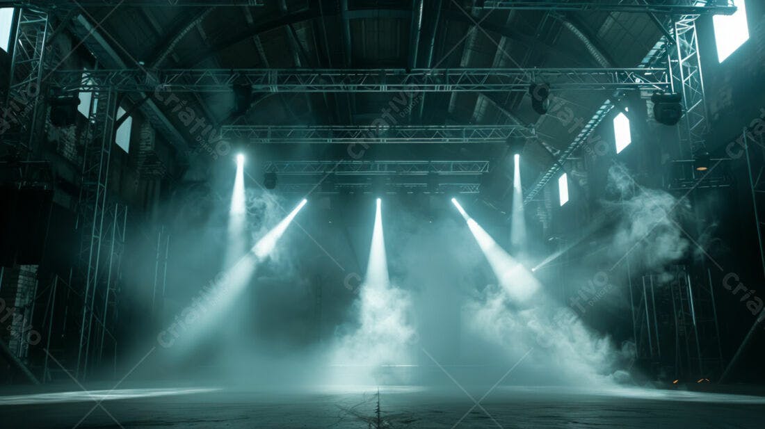 Palco iluminado com névoa em galpão industrial