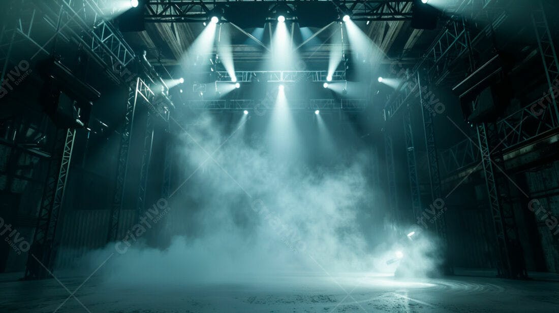 Palco com luzes e névoa em galpão industrial