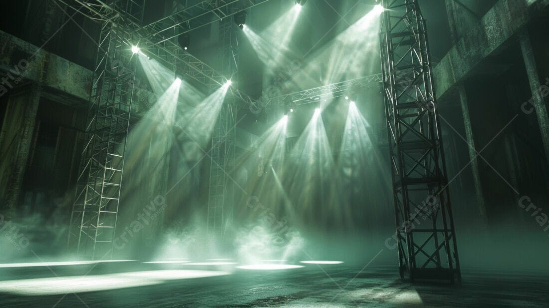 Palco iluminado em galpão industrial