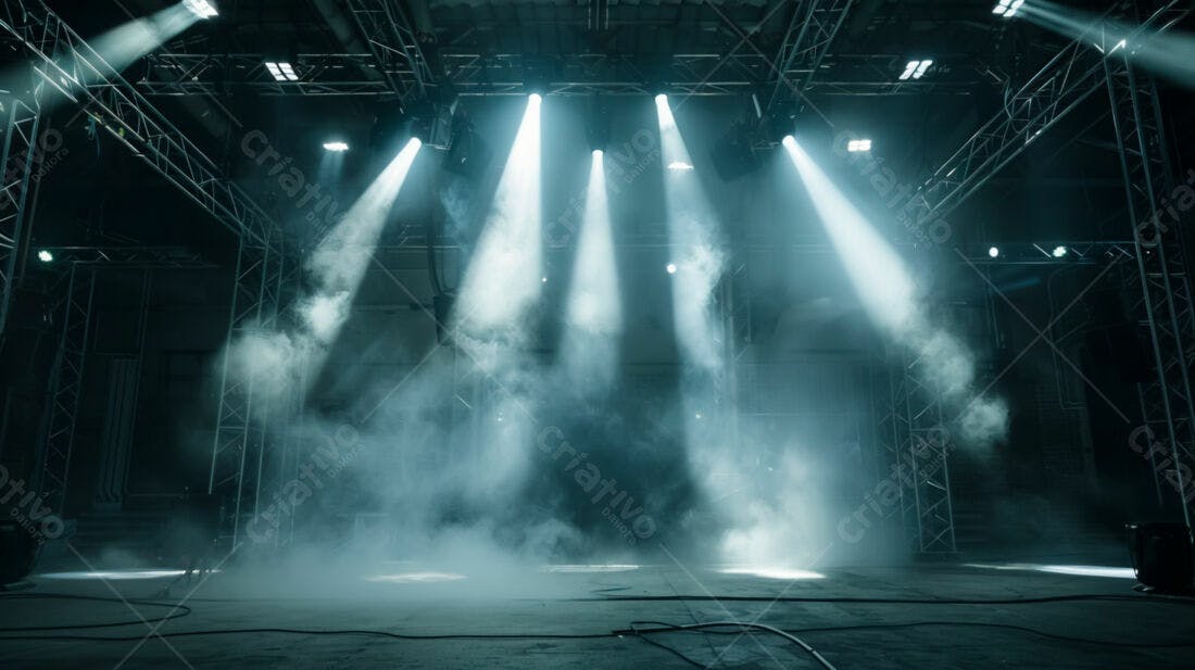 Palco iluminado com névoa e estrutura metálica