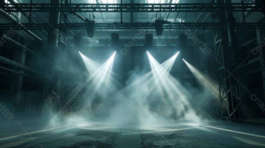 Palco industrial com efeitos de luz e névoa