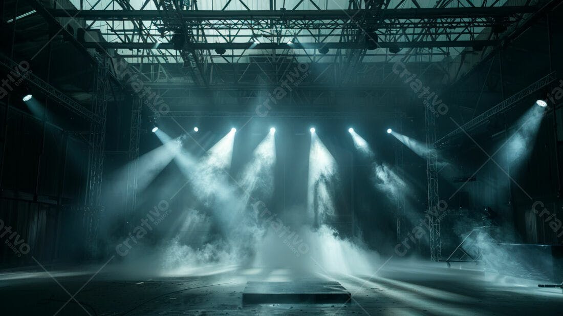 Palco com iluminação cênica em galpão industrial