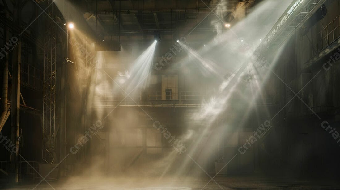 Raios de luz em galpão industrial nebuloso
