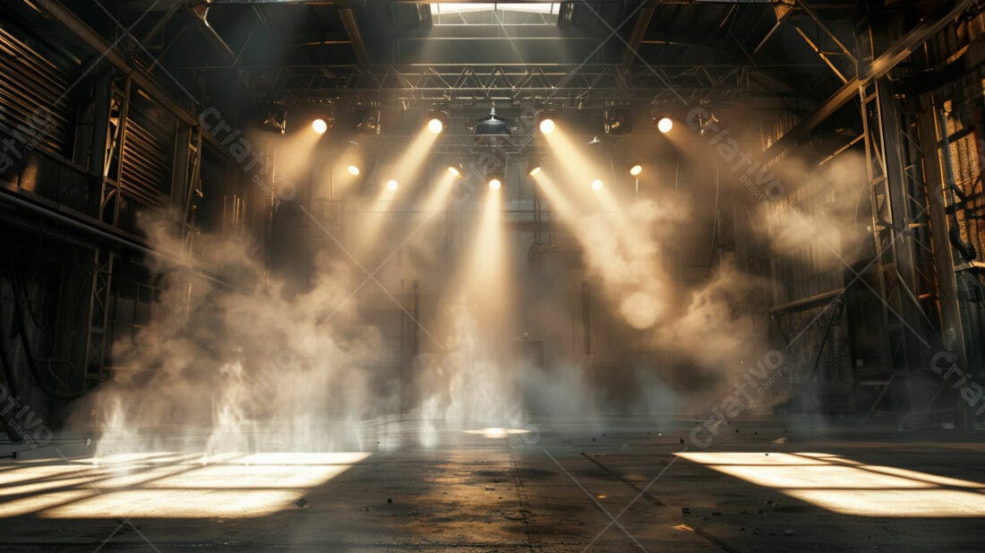 Palco iluminado em galpão industrial