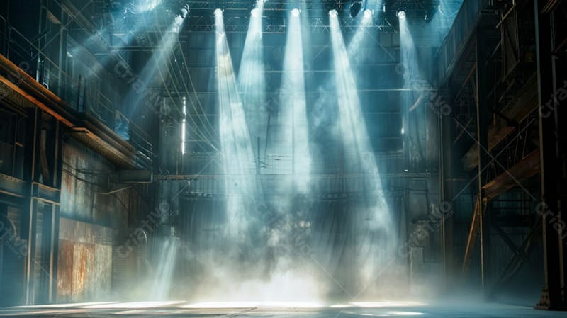 Imagem de uma estrutura de palco em aço e ferro iluminada 64