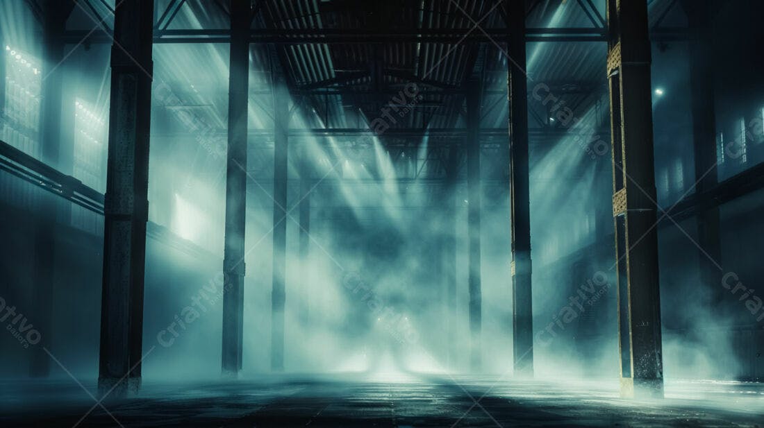 Galpão industrial nebuloso com iluminação dramática