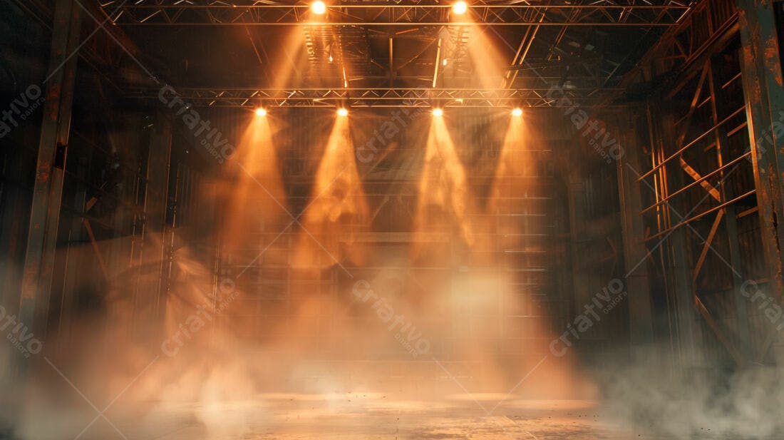 Palco iluminado em galpão industrial