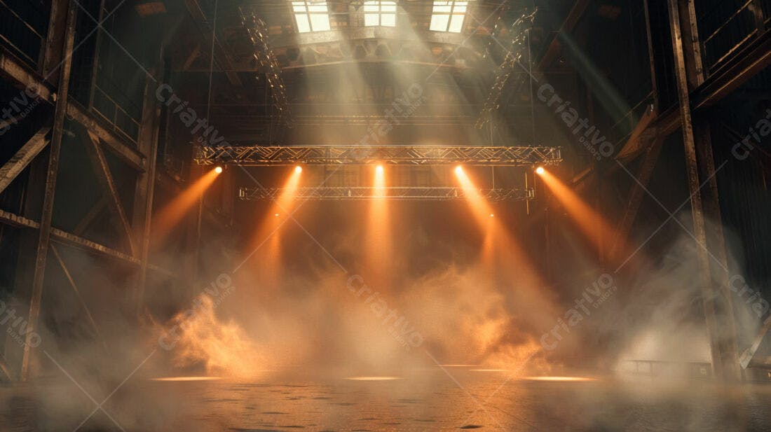 Palco iluminado em galpão industrial