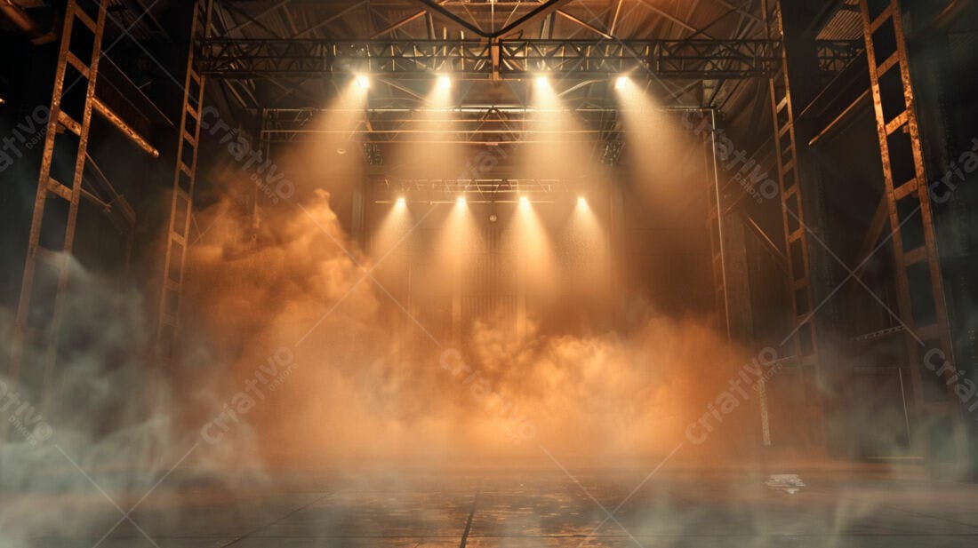 Palco com névoa laranja em galpão industrial
