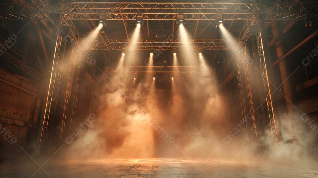 Palco iluminado com névoa laranja em galpão industrial