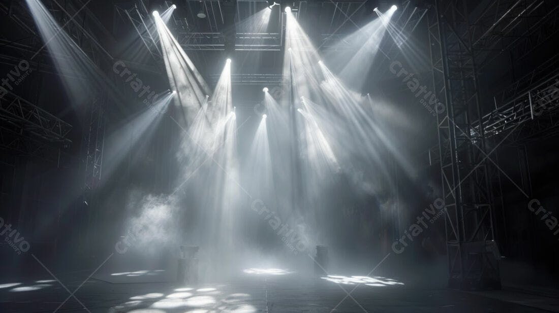 Palco iluminado com névoa e estruturas metálicas