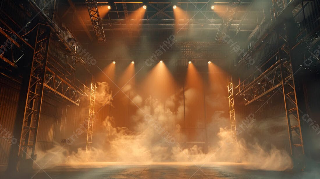 Palco com névoa laranja e estruturas metálicas