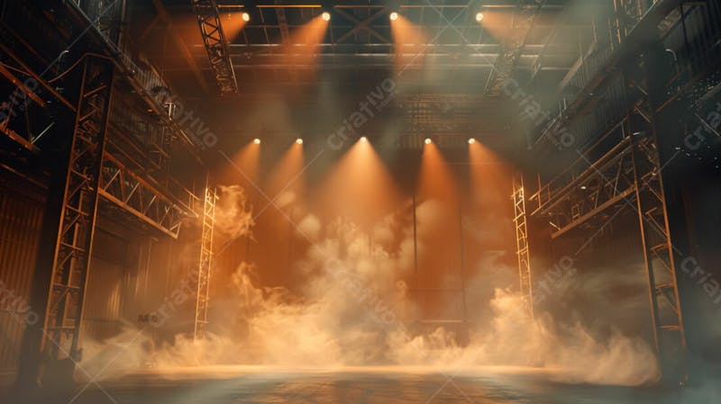 Imagem de uma estrutura de palco em aço e ferro iluminada 86