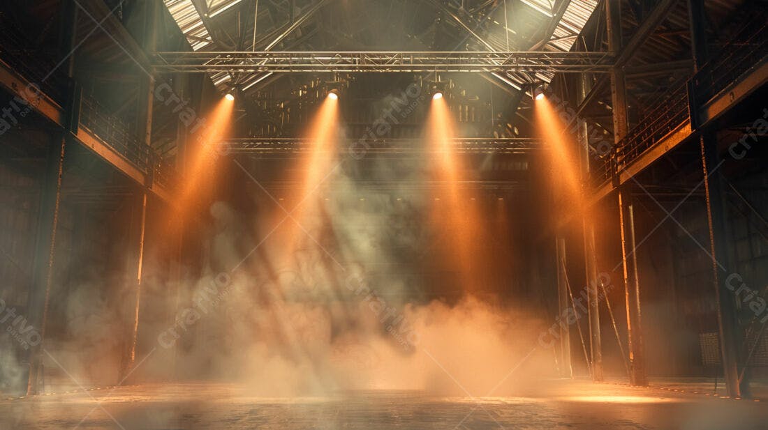 Palco com luzes laranja em galpão industrial