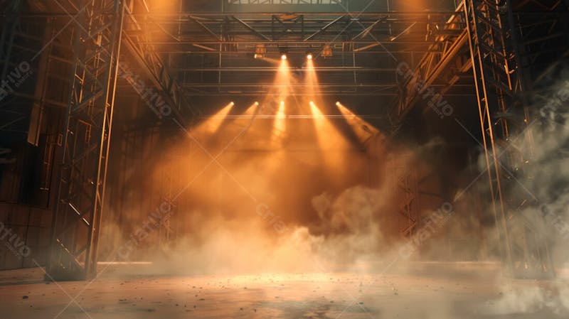 Imagem de uma estrutura de palco em aço e ferro iluminada 90