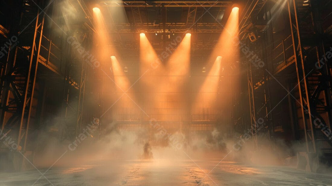 Palco de show com iluminação laranja e névoa