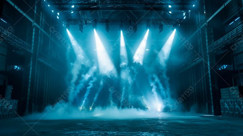 Imagem de uma estrutura de palco em aço e ferro iluminada 96