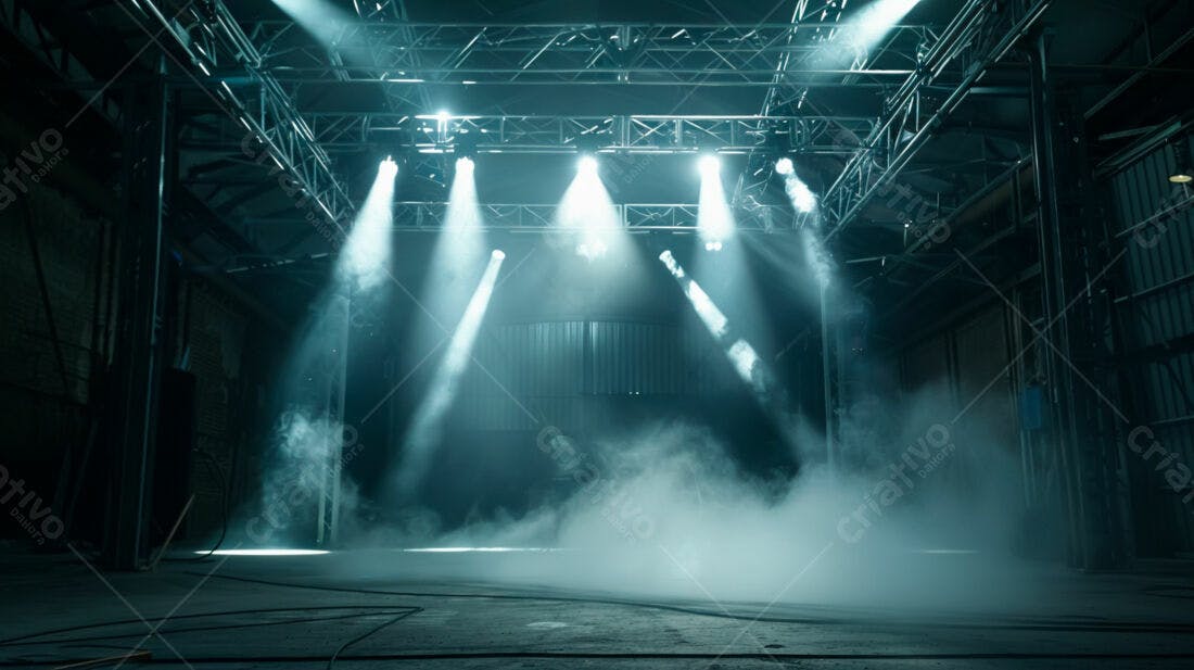 Palco iluminado com névoa em galpão industrial