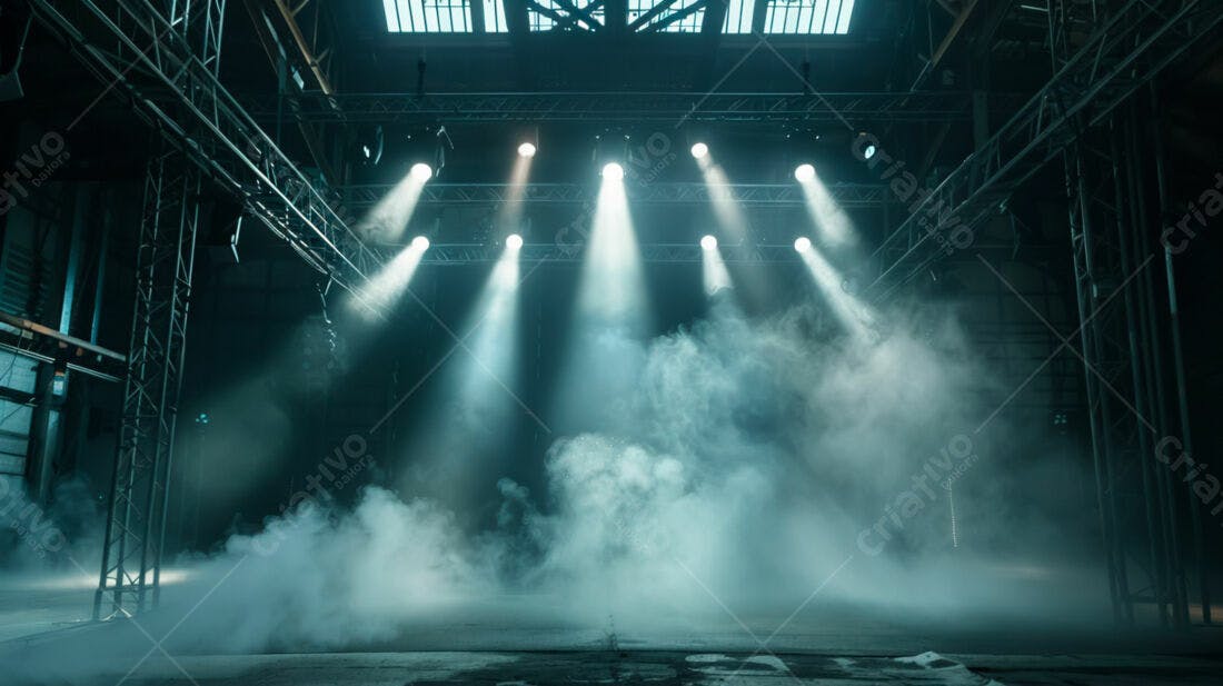 Palco com fumaça e holofotes em galpão industrial