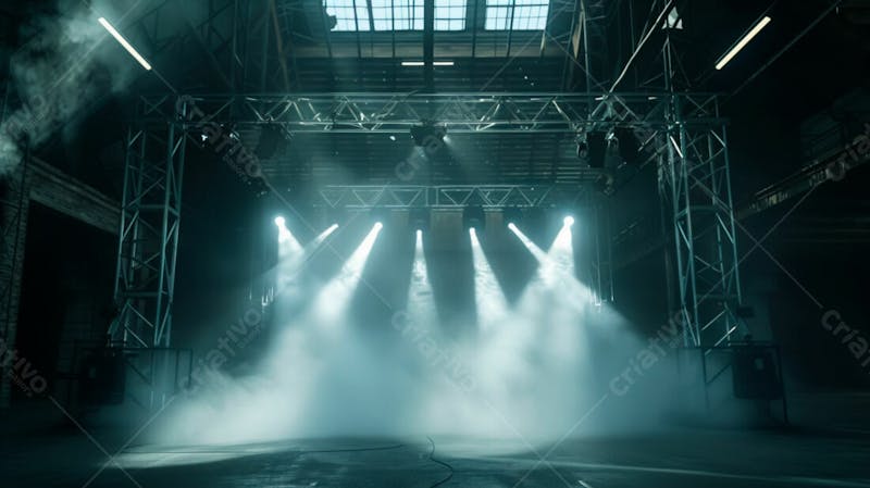 Imagem de uma estrutura de palco em aço e ferro iluminada 100
