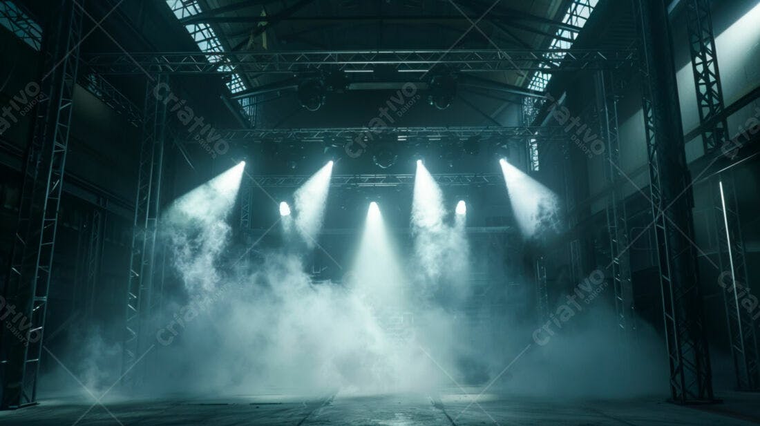 Palco com iluminação em galpão industrial