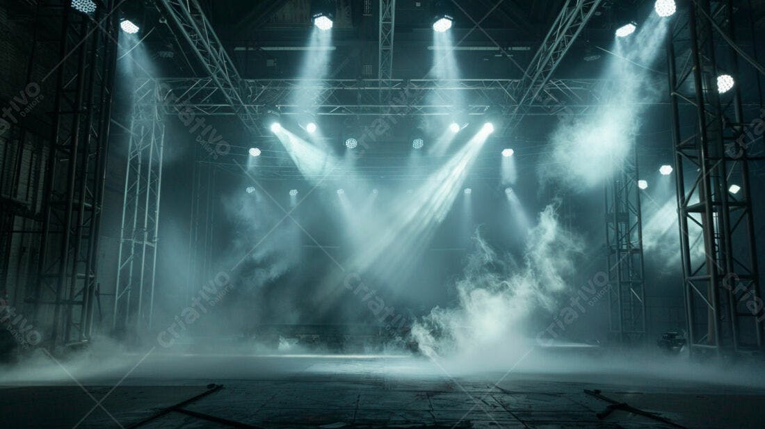 Palco iluminado com névoa e estrutura metálica