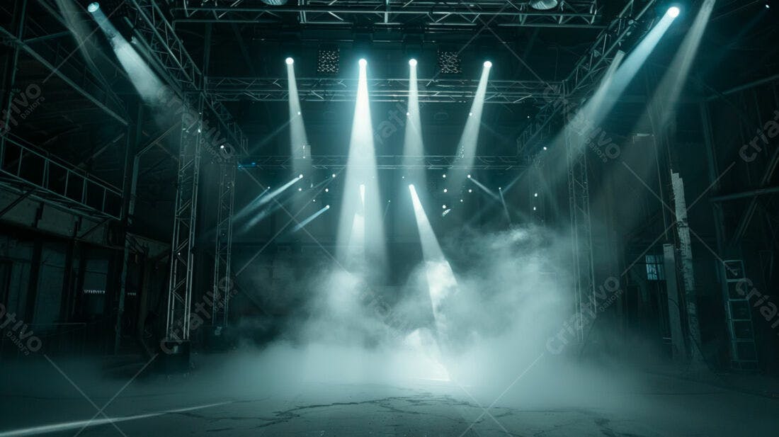 Palco com iluminação dramática em galpão industrial
