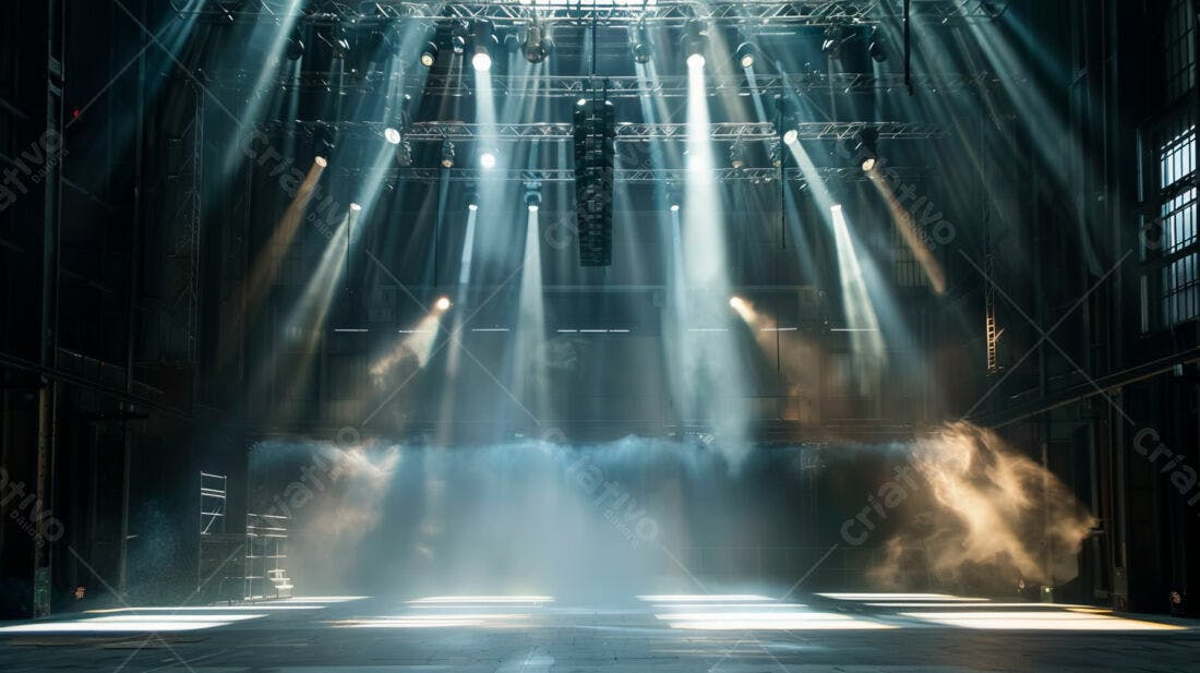 Palco iluminado em galpão industrial