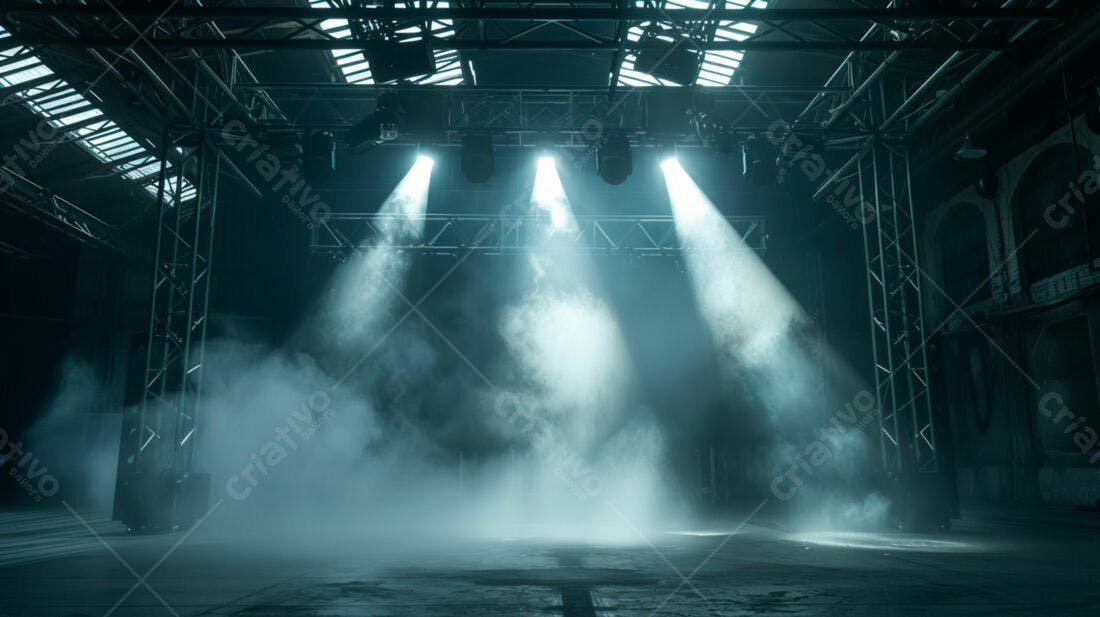 Palco iluminado com névoa em galpão industrial