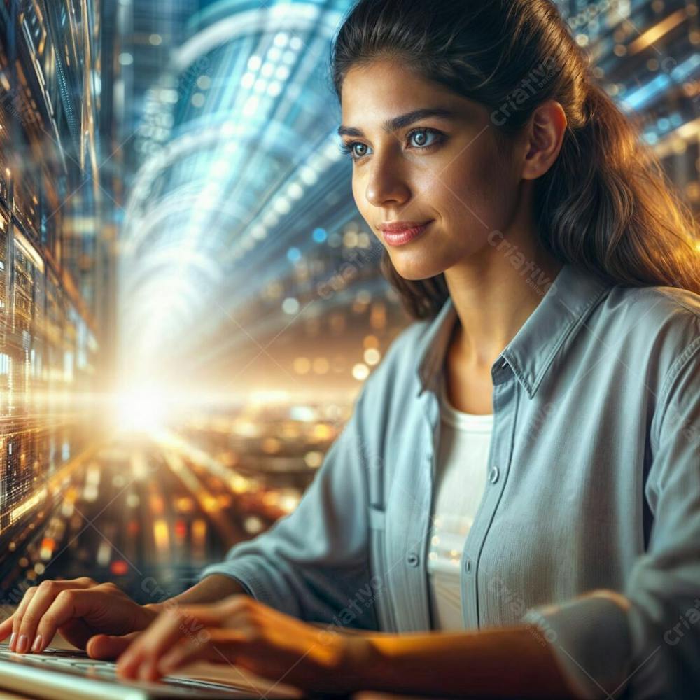 Close De Uma Mulher Trabalhando Em Um Computador Em Uma Cidade Futurista Idílica, O Fundo Graciosamente Fora De Foco, Capturando A Essência Da Produtividade E Da Inovação