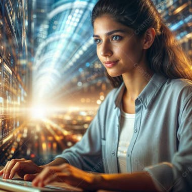 Close de uma mulher trabalhando em um computador em uma cidade futurista idílica, o fundo graciosamente fora de foco, capturando a essência da produtividade e da inovação